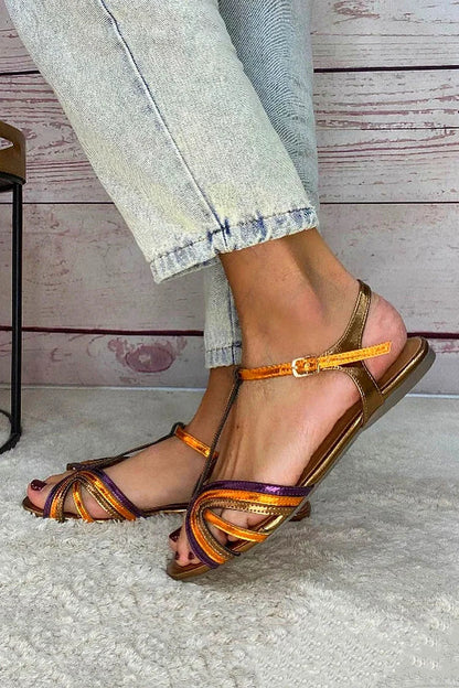 Albaira - Sandalias Doradas con Hebilla y Tira Multicolor para Verano