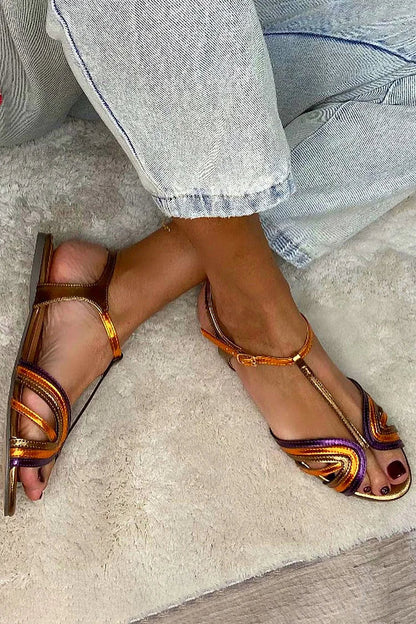 Albaira - Sandalias Doradas con Hebilla y Tira Multicolor para Verano