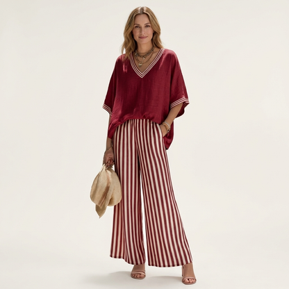 Gisela | Conjunto de Top con Escote en V Estilo Varsity y Pantalón Ancho de Rayas