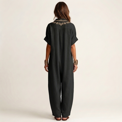 Petra | Vestido Maxi en Lino con Cuello y Escote en V Bordado