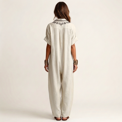 Petra | Vestido Maxi en Lino con Cuello y Escote en V Bordado