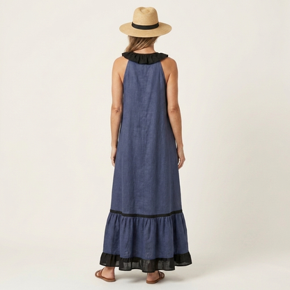 Serafina | Vestido Maxi sin Mangas con Cuello de Volantes y Ribete Contraste