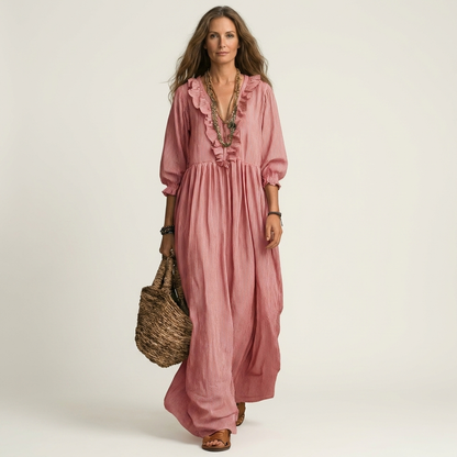 Paloma | Vestido Maxi de Rayas con Escote en V de Volantes y Manga Farol
