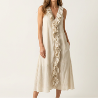 Violeta | Vestido Maxi en Lino sin Mangas con Escote en V y Volante Frontal
