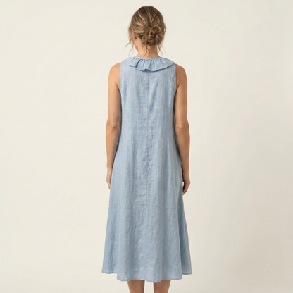 Violeta | Vestido Maxi en Lino sin Mangas con Escote en V y Volante Frontal