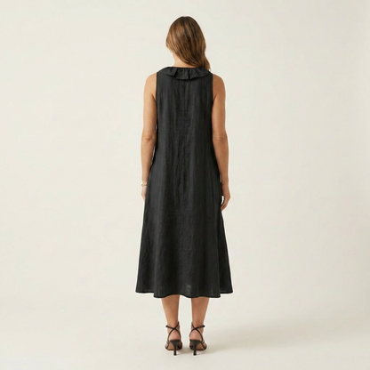 Violeta | Vestido Maxi en Lino sin Mangas con Escote en V y Volante Frontal