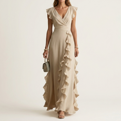 Celeste | Vestido Maxi Cruzado con Escote en V, Manga Mariposa y Volante Cascada