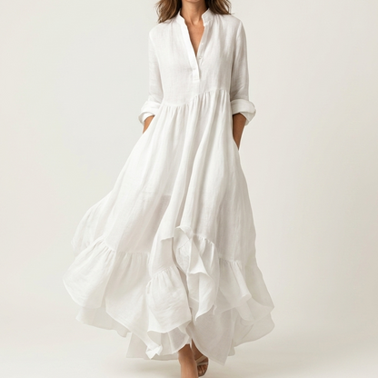 Adriana | Vestido Maxi con Cuello Mao, Botones y Bajo de Volantes