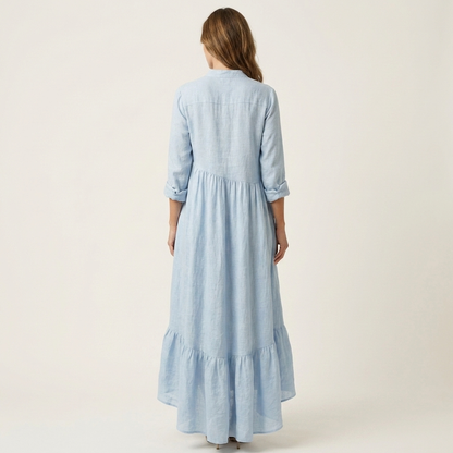 Adriana | Vestido Maxi con Cuello Mao, Botones y Bajo de Volantes