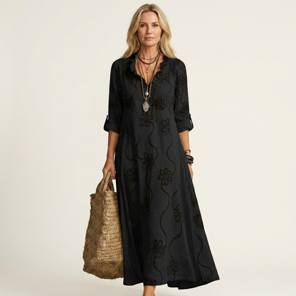 Odalys | Vestido Maxi en Algodón y Lino con Bordado Floral Tono sobre Tono