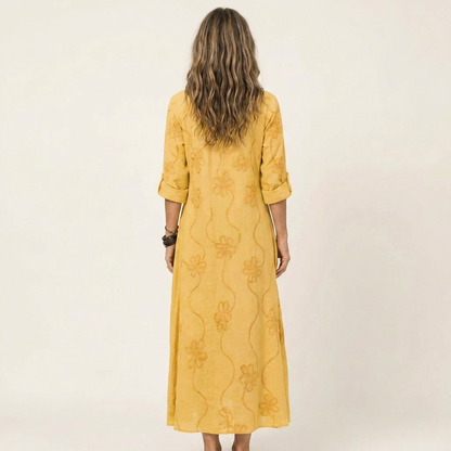 Odalys | Vestido Maxi en Algodón y Lino con Bordado Floral Tono sobre Tono