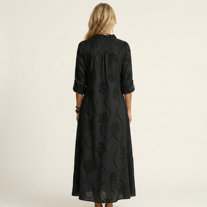 Odalys | Vestido Maxi en Algodón y Lino con Bordado Floral Tono sobre Tono