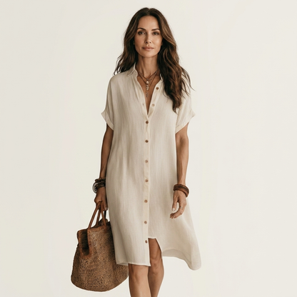 Florencia | Vestido Camisero Midi en Algodón y Lino con Puños Remangados